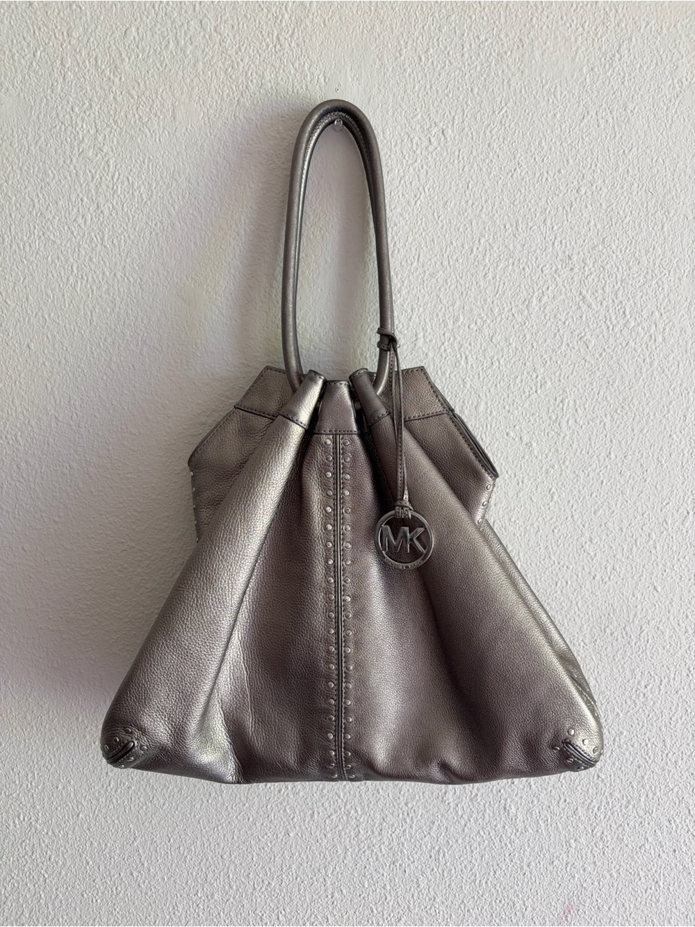 Michael Kors Metallic Silver Shoulder Tote with MK Charm